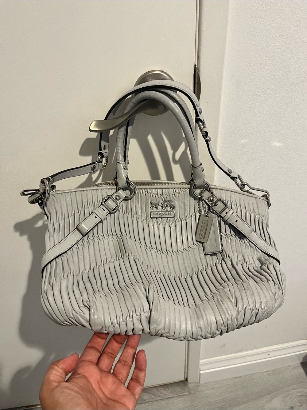 Coach Light Gray Pleated Leather Shoulder Bag
